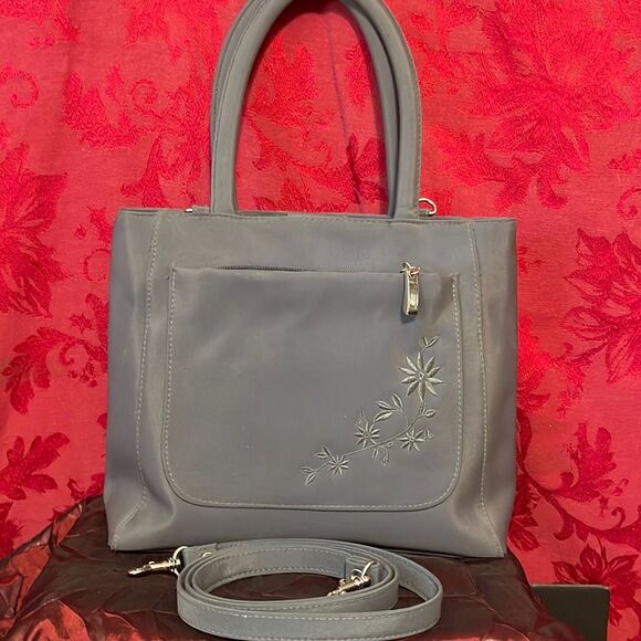 Embroidered Flowers‎ Gray Nylon Handbag - Picture 1 of 15